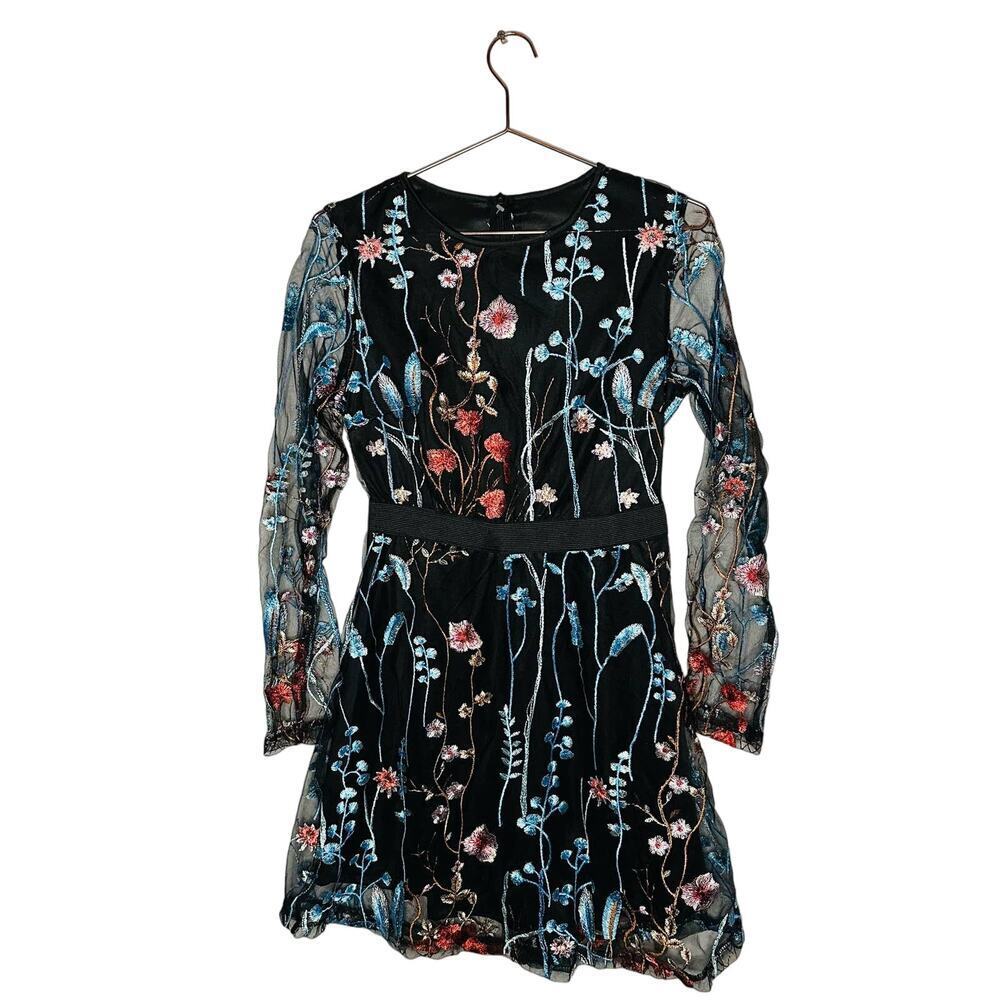 Unbranded Women's Black Long Sleeve Mesh Embroidered A-Line Mini Dress Size S